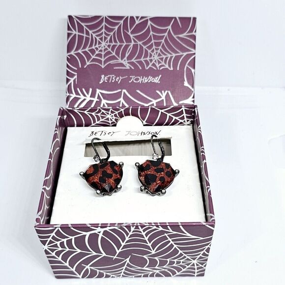 Betsey Johnson Glampire Red Glitter Lucite Leopard Heart Animal Print Earrings - Picture 1 of 5